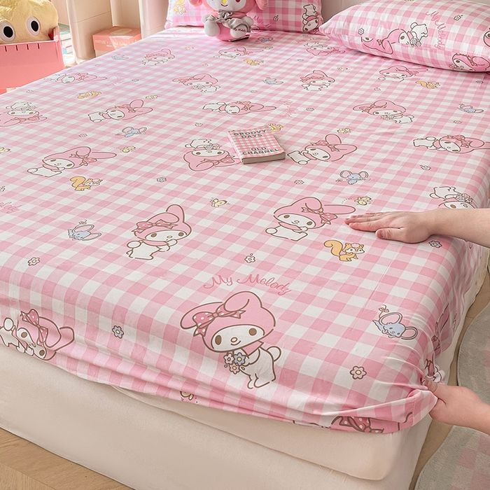 91家纺网 家纺一手货源 找家纺 博雅 2024新款三丽鸥正版授权全棉活性印花单床笠 粉格美乐蒂