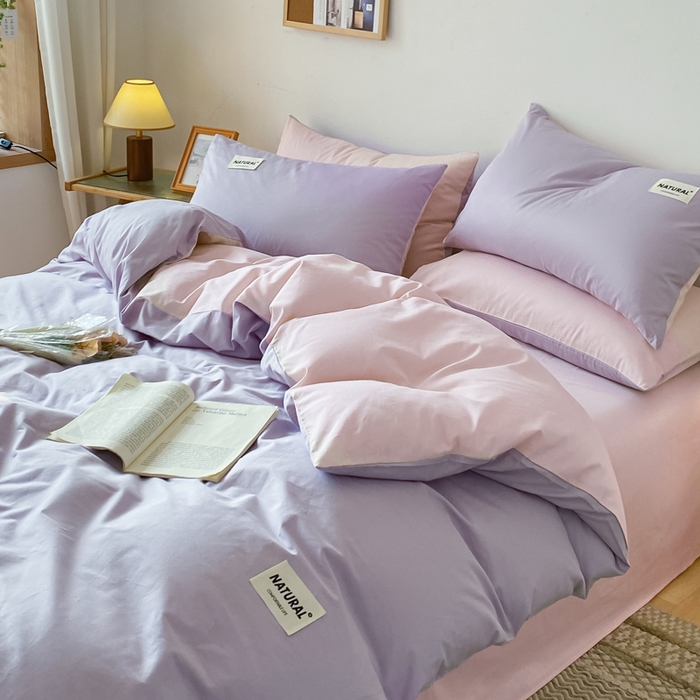 91家纺网 家纺一手货源 找家纺 芊寻家居 2024新款13372全棉纯色四件套无印良品风简约套件 浅紫-奶油粉