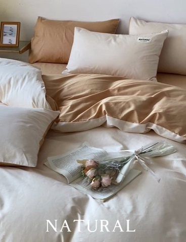 91家纺网 家纺一手货源 找家纺 芊寻家居 2024新款13372全棉纯色四件套无印良品风简约套件 奶白-桔黄