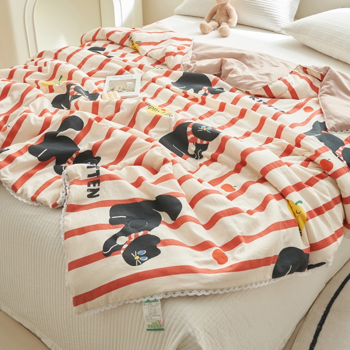 91家纺网 家纺一手货源 找家纺 畅销被业 2025新款水洗棉印花夏被夏凉被空调被 煤球小猫