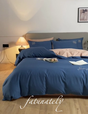91家纺网 家纺一手货源 找家纺 梵克保罗 2024新款全棉轻奢纯色双拼刺绣四件套 深蓝色