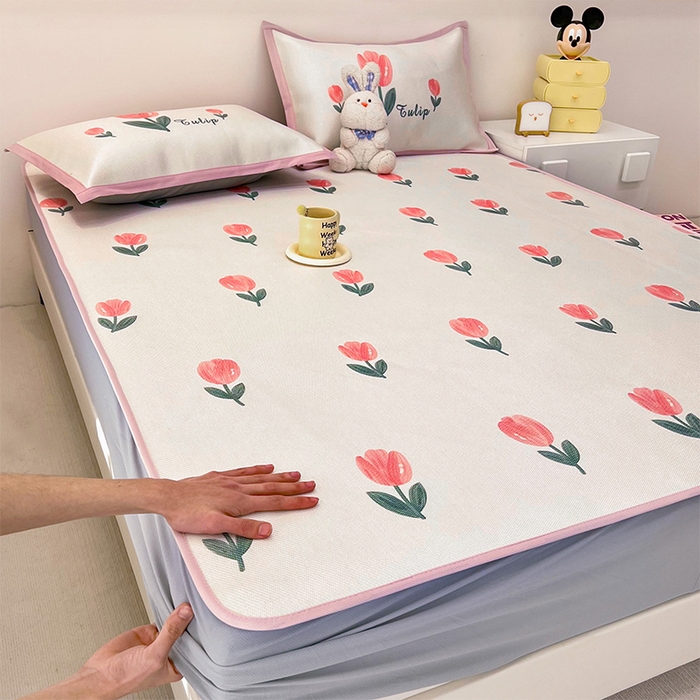 91家纺网 家纺一手货源 找家纺 全季家居 2024新款5A抗菌小清新数码印花冰藤席 郁金香（床笠款）