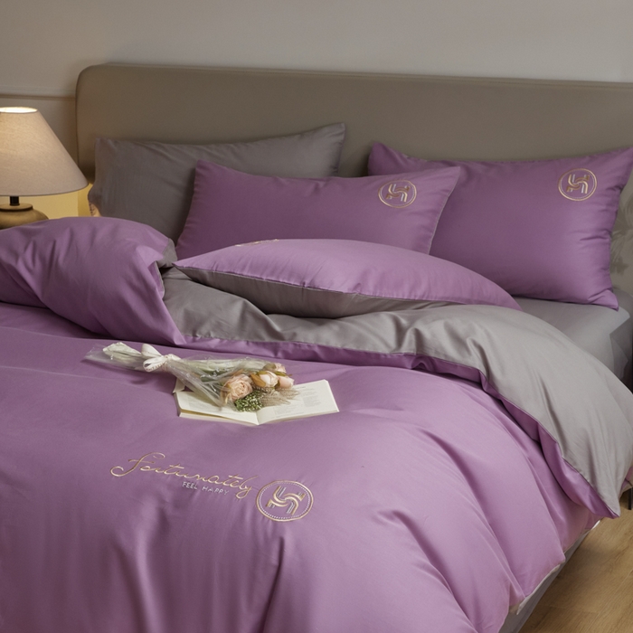 91家纺网 家纺一手货源 找家纺 梵克保罗 2024新款全棉轻奢纯色双拼刺绣四件套 迷情紫