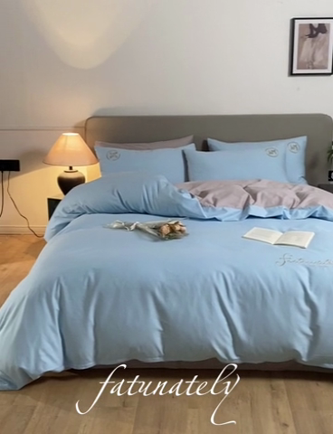 91家纺网 家纺一手货源 找家纺 梵克保罗 2024新款全棉轻奢纯色双拼刺绣四件套 繁星蓝