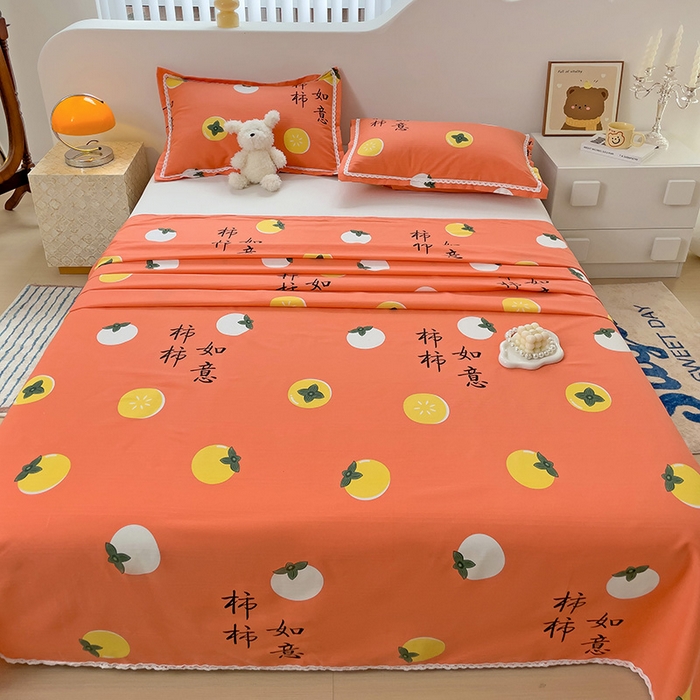 91家纺网 家纺一手货源 找家纺 梵克保罗 2024新款鱼骨棉老粗布凉席花边款床单三件套 柿柿如意-桔