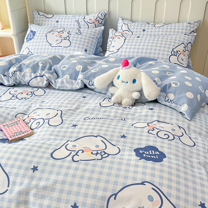 91家纺网 家纺一手货源 找家纺 博雅 2024新款全棉三丽鸥AB版活性印花四件套 小蓝格玉桂狗