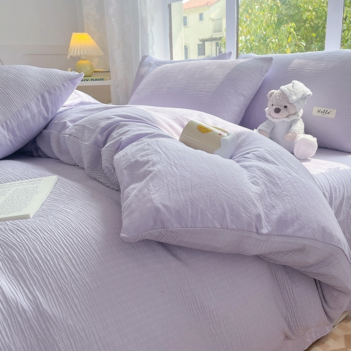 91家纺网 家纺一手货源 找家纺 优选良品 2025新款韩版轻奢皱皱纱水洗棉拼色床单床笠四件套三件套-芋泥紫