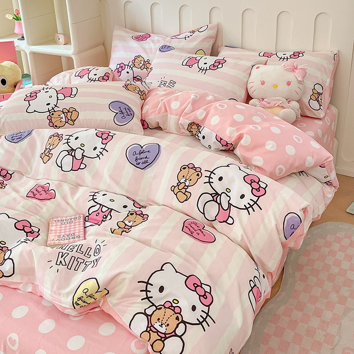 91家纺网 家纺一手货源 找家纺 博雅 2024新款全棉三丽鸥AB版活性印花四件套 小熊kt