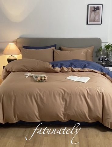 91家纺网 家纺一手货源 找家纺 梵克保罗 2024新款全棉轻奢纯色双拼刺绣四件套 深咖兰