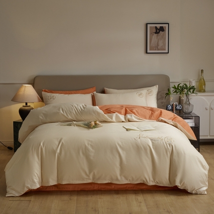 梵克保罗 2024新款全棉轻奢纯色双拼刺绣四件套 米黄橙