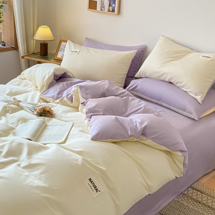 91家纺网 家纺一手货源 找家纺 芊寻家居 2024新款13372全棉纯色四件套无印良品风简约套件 奶白-灰紫