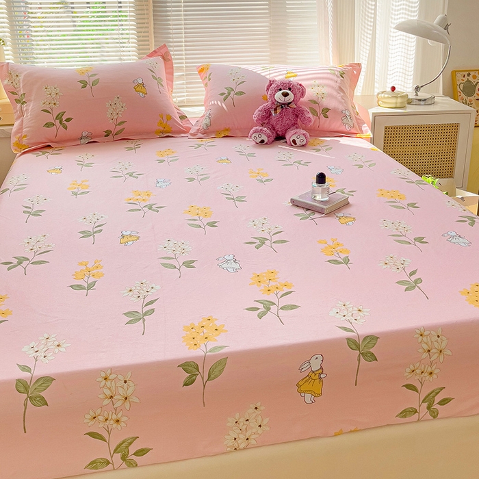 91家纺网 家纺一手货源 找家纺 大柏树 2025新款全棉13376印花四件套系列（可定制）-单床笠 小花兔-粉