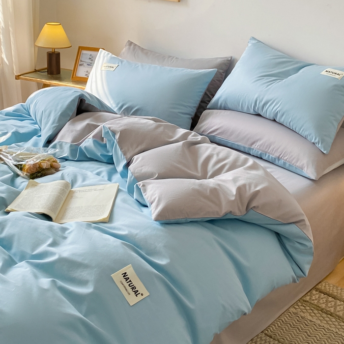 91家纺网 家纺一手货源 找家纺 芊寻家居 2024新款13372全棉纯色四件套无印良品风简约套件 海青-浅灰
