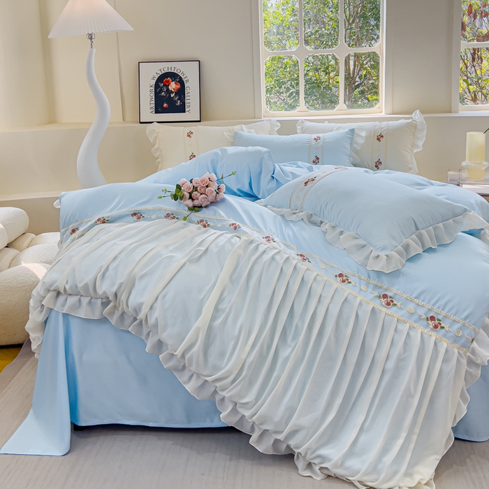 91家纺网 家纺一手货源 找家纺 花香四季家纺 2024新款水洗真丝刺绣花边公主风四件套--繁花系列 繁花-蓝色