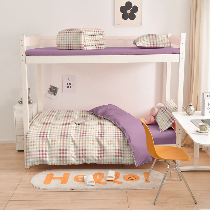 91家纺网 家纺一手货源 找家纺 啊雅家居 床上用品水洗棉印花五件套七件套 日系小格紫