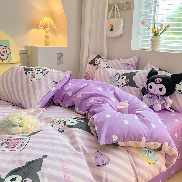 91家纺网 家纺一手货源 找家纺 博雅 2024新款全棉三丽鸥AB版活性印花四件套 条纹库洛米