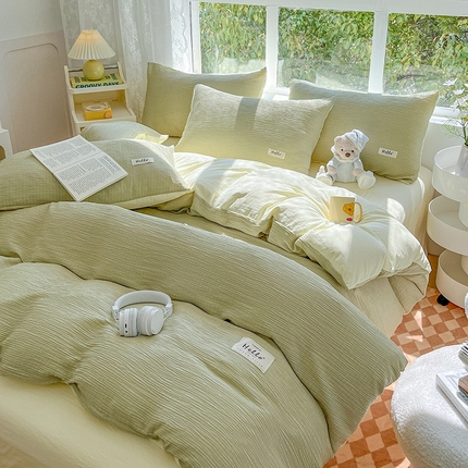 91家纺网 家纺一手货源 找家纺 优选良品 2025新款韩版轻奢皱皱纱水洗棉拼色床单床笠四件套三件套-抹茶绿