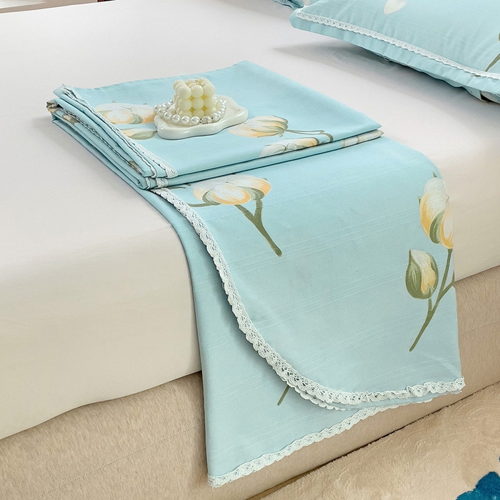 91家纺网 家纺一手货源 找家纺 梵克保罗 2024新款鱼骨棉老粗布凉席花边款床单三件套 泡泡棉