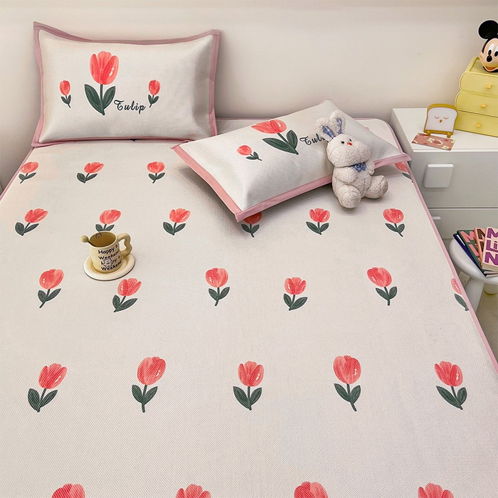 91家纺网 家纺一手货源 找家纺 全季家居 2024新款5A抗菌小清新数码印花冰藤席 郁金香（床笠款）