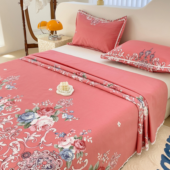 91家纺网 家纺一手货源 找家纺 梵克保罗 2024新款鱼骨棉老粗布凉席花边款床单三件套 欧式风情-粉