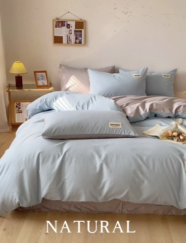 91家纺网 家纺一手货源 找家纺 芊寻家居 2024新款13372全棉纯色四件套无印良品风简约套件 海青-浅灰