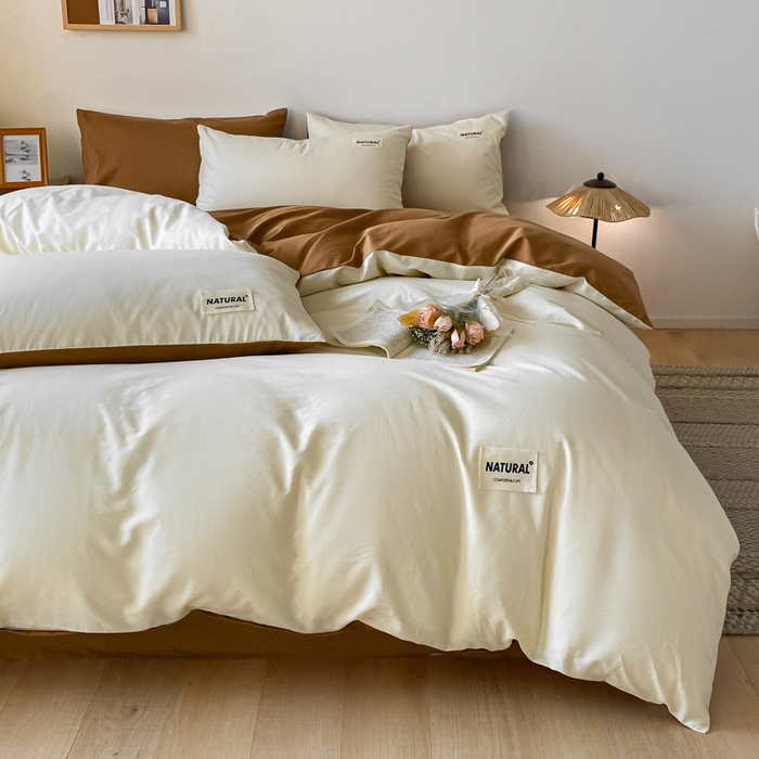 91家纺网 家纺一手货源 找家纺 芊寻家居 2024新款13372全棉纯色四件套无印良品风简约套件 奶白-卡其