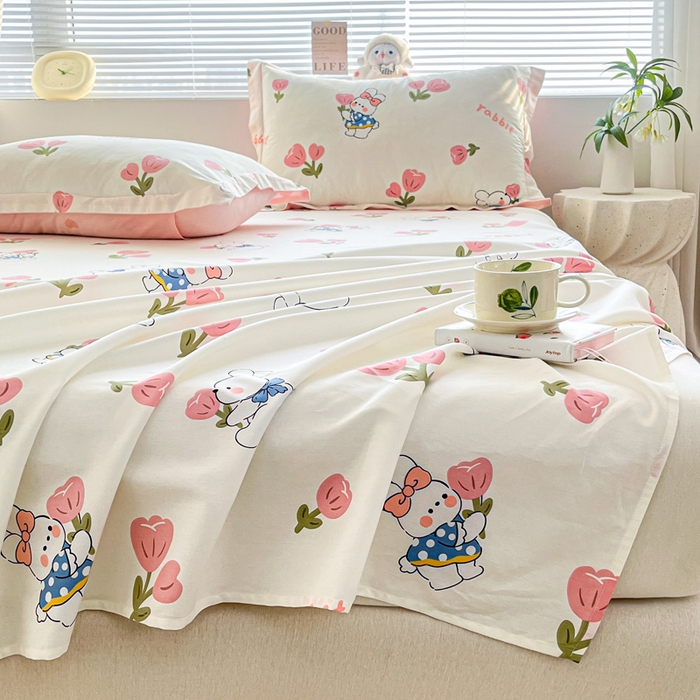 91家纺网 家纺一手货源 找家纺 涵宸家纺 2024新款全棉小清新印花单品套件--单床单 床单-花丛兔