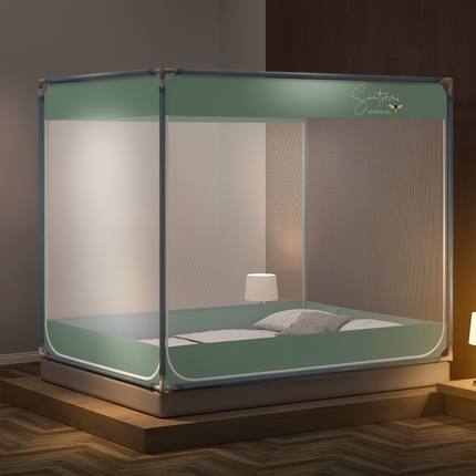 91家纺网 家纺一手货源 找家纺 飞轮海 2023新款床笠款中开门坐床蚊帐 Z68-白绿（床笠底）