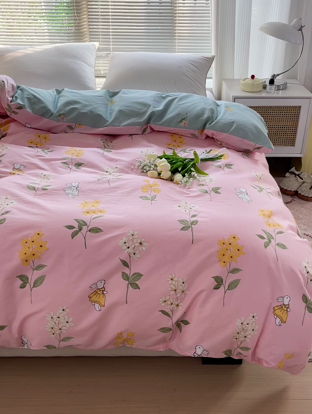 91家纺网 家纺一手货源 找家纺 大柏树 2025新款全棉13376印花四件套系列（可定制）-单被套 小花兔-粉