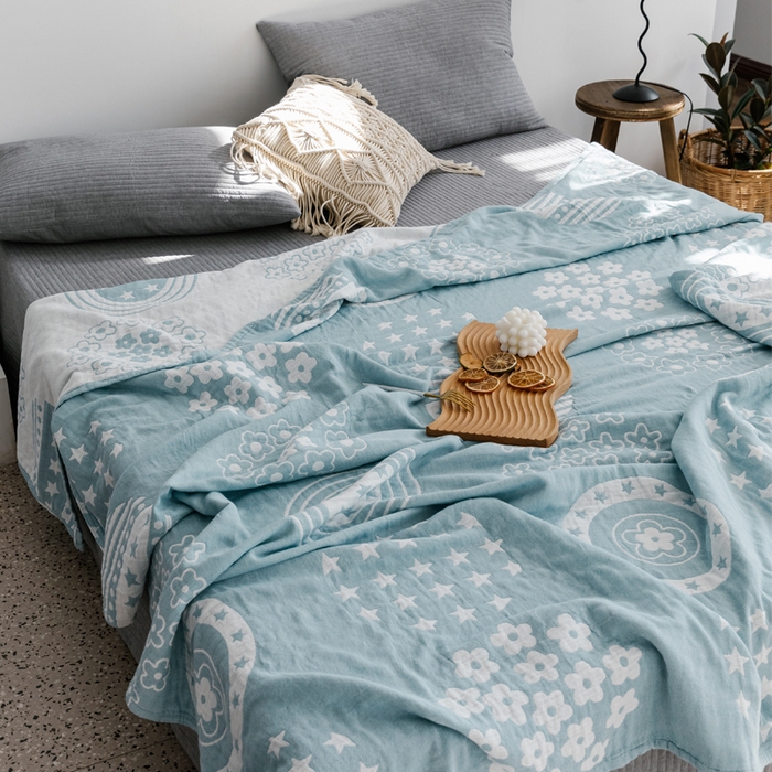 91家纺网 家纺一手货源 找家纺 朴尔家纺-毛巾被 2024新款加厚三层水洗棉全棉纱布毛巾被 星星点点-兰