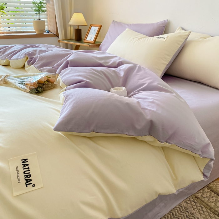 91家纺网 家纺一手货源 找家纺 芊寻家居 2024新款13372全棉纯色四件套无印良品风简约套件 奶白-灰紫