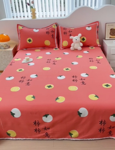 91家纺网 家纺一手货源 找家纺 梵克保罗 2024新款鱼骨棉老粗布凉席花边款床单三件套 柿柿如意-桔