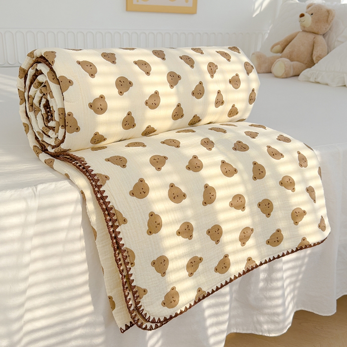 91家纺网 家纺一手货源 找家纺 芯恋 2025新款母婴级全棉皱皱纱儿童被双层纱夏被 可爱熊