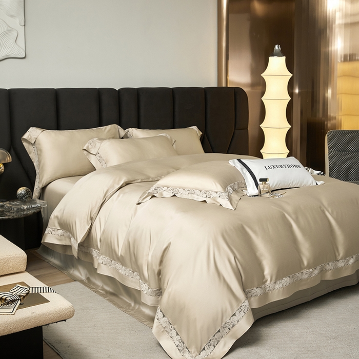 91家纺网 家纺一手货源 找家纺 榻尚家居 2024新款天丝棉法式镂空工艺款四件套--云绡（会员减20） 金芥色