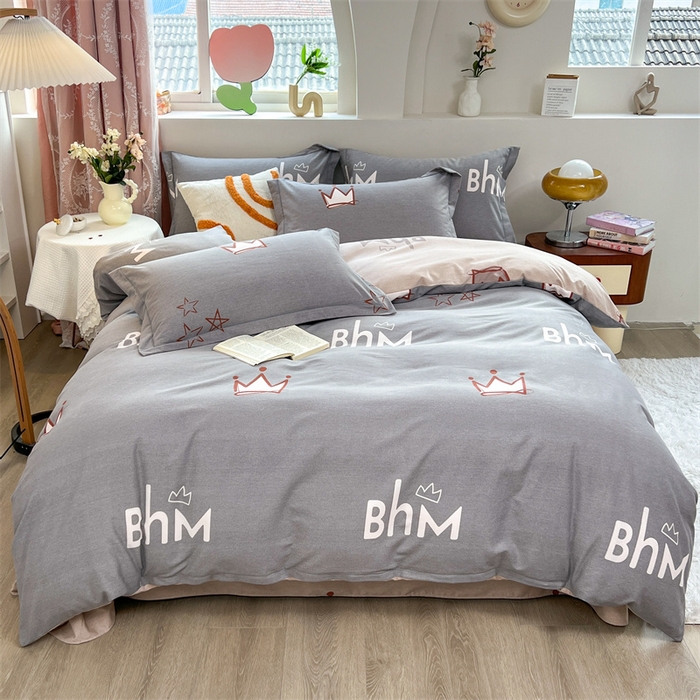 91家纺网 家纺一手货源 找家纺 简约 2025新款全棉四件套活性生态磨毛四件套 小皇冠-米灰