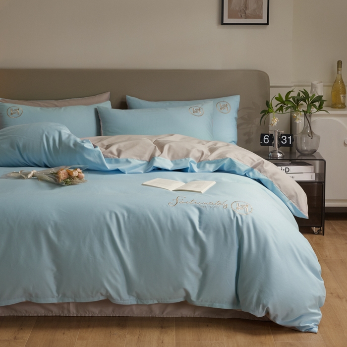 91家纺网 家纺一手货源 找家纺 梵克保罗 2024新款全棉轻奢纯色双拼刺绣四件套 星空灰