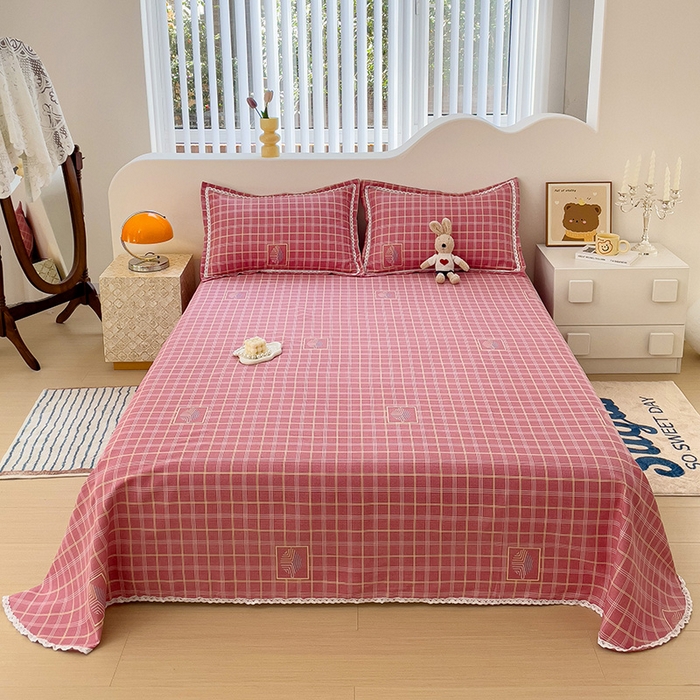 91家纺网 家纺一手货源 找家纺 梵克保罗 2024新款鱼骨棉老粗布凉席花边款床单三件套 格韵-粉