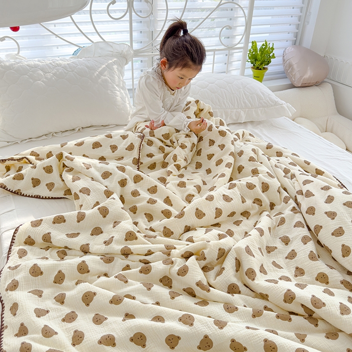 91家纺网 家纺一手货源 找家纺 芯恋 2025新款母婴级全棉皱皱纱儿童被双层纱夏被 可爱熊