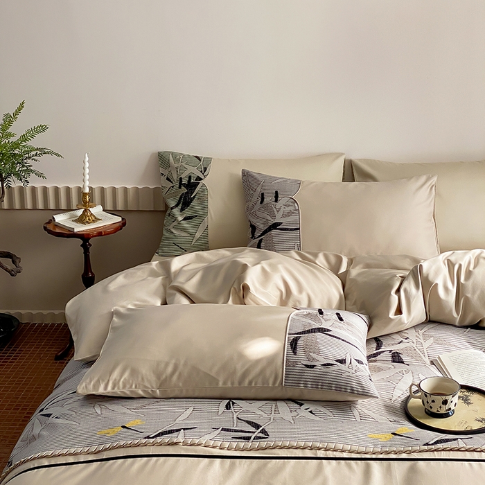 91家纺网 家纺一手货源 找家纺 （总）赫帛 2024新款50s缎纹数码印花长绒棉四件套--竹韵系列