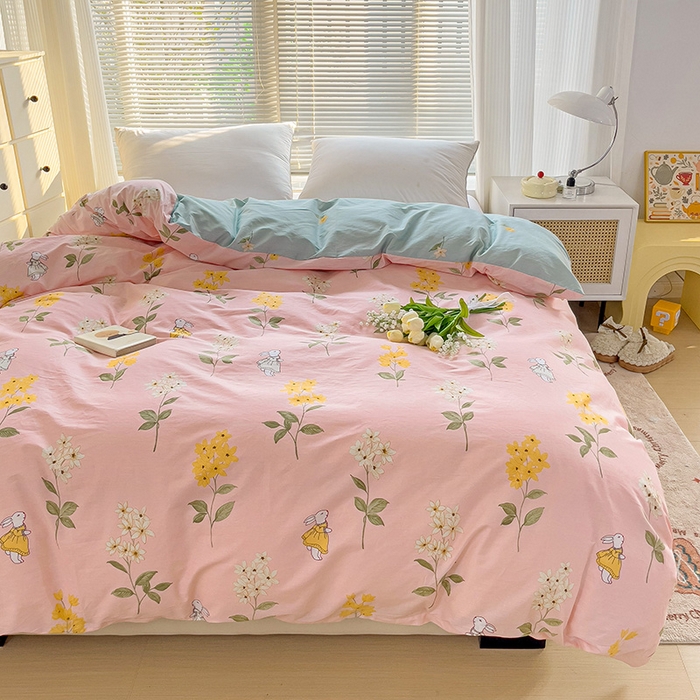 91家纺网 家纺一手货源 找家纺 大柏树 2025新款全棉13376印花四件套系列（可定制）-单被套 小花兔-粉