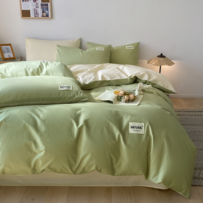 91家纺网 家纺一手货源 找家纺 芊寻家居 2024新款13372全棉纯色四件套无印良品风简约套件 果绿-奶茶