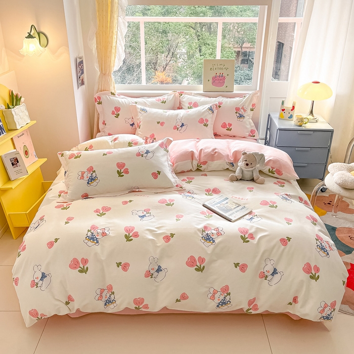 91家纺网 家纺一手货源 找家纺 涵宸家纺 2024新款全棉小清新印花单品套件--单被套 花丛兔