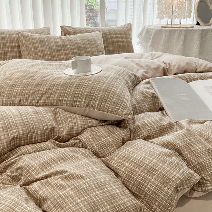 91家纺网 家纺一手货源 找家纺 啊雅家居 床上用品水洗棉印花五件套七件套 日系条格咖