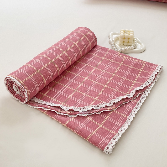 91家纺网 家纺一手货源 找家纺 梵克保罗 2024新款鱼骨棉老粗布凉席花边款床单三件套 格韵-粉