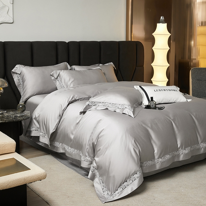 91家纺网 家纺一手货源 找家纺 榻尚家居 2024新款天丝棉法式镂空工艺款四件套--云绡（会员减20） 优雅灰