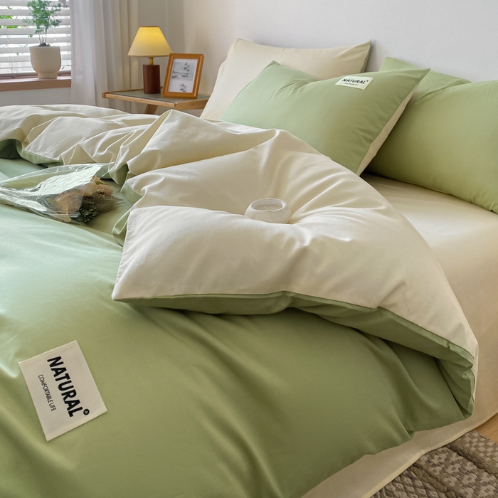 91家纺网 家纺一手货源 找家纺 芊寻家居 2024新款13372全棉纯色四件套无印良品风简约套件 果绿-奶茶