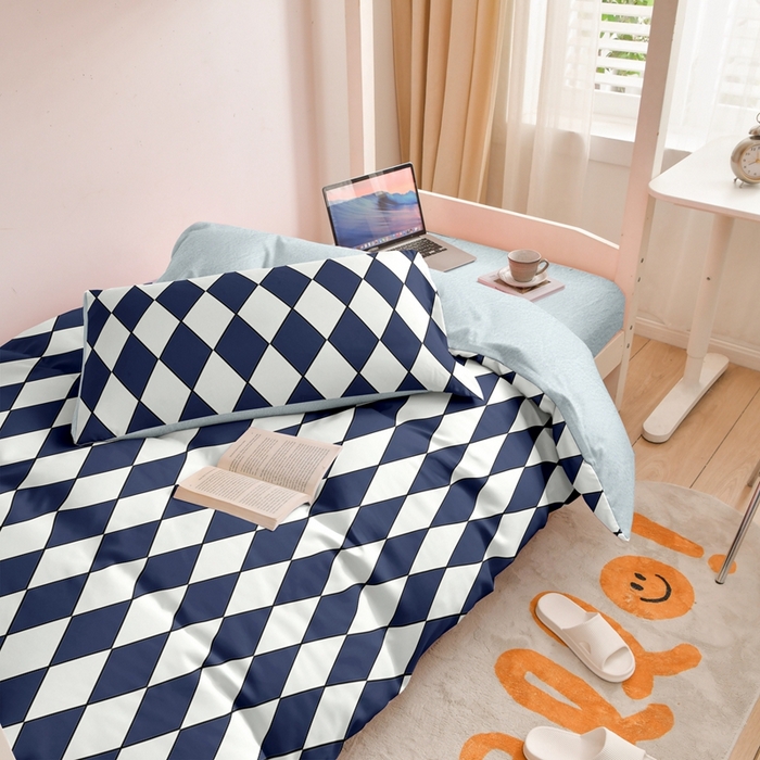 91家纺网 家纺一手货源 找家纺 啊雅家居 床上用品水洗棉印花五件套七件套 日系凌格蓝