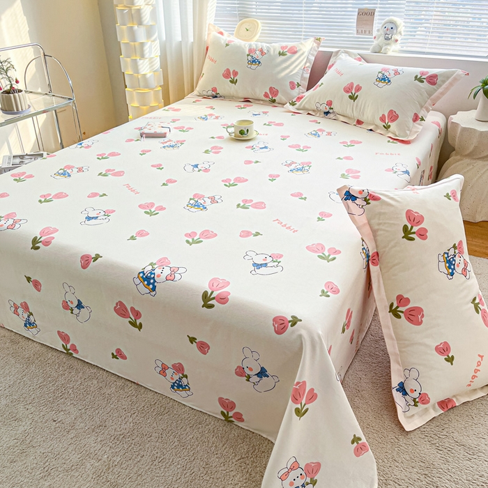 91家纺网 家纺一手货源 找家纺 涵宸家纺 2024新款全棉小清新印花单品套件--单床单 床单-花丛兔