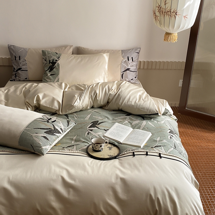 91家纺网 家纺一手货源 找家纺 赫帛 2024新款50s缎纹数码印花长绒棉四件套--竹韵系列 竹韵-绿色