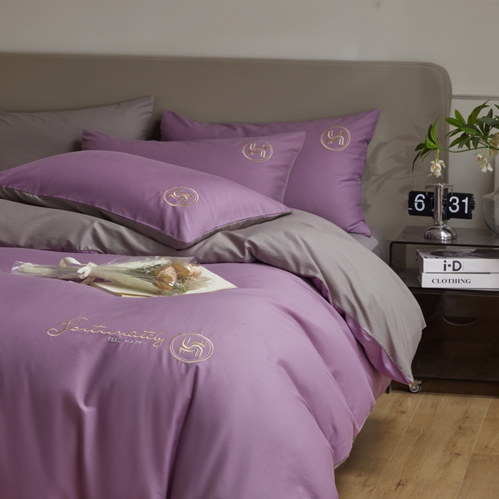 91家纺网 家纺一手货源 找家纺 梵克保罗 2024新款全棉轻奢纯色双拼刺绣四件套 迷情紫